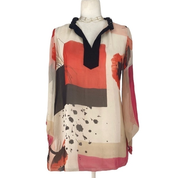 Magaschoni Collection Silk blouse Tunic Beaded Collar Double layer Chiffon - Picture 2 of 14
